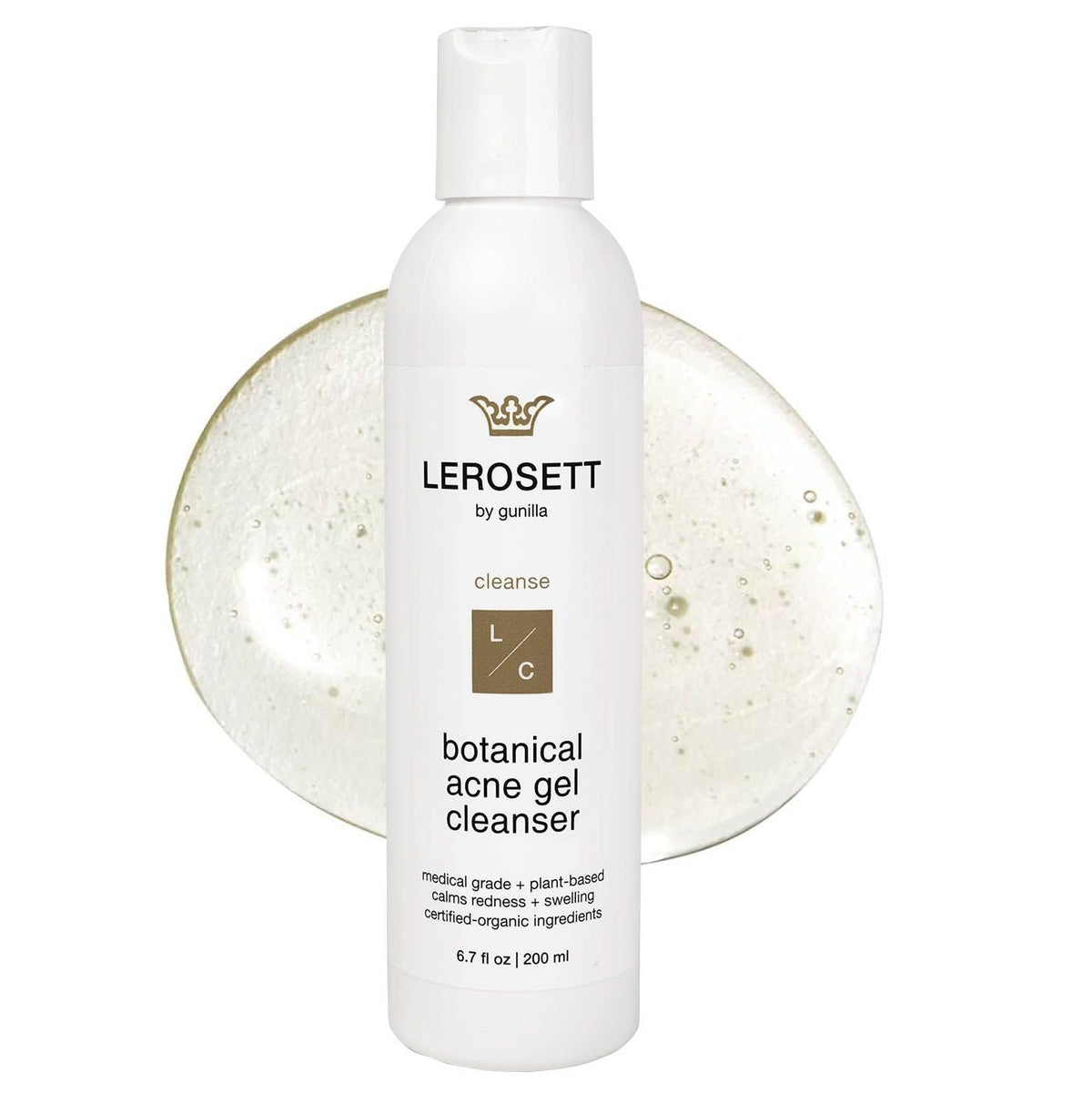 Gunilla of Sweden LEROSETT cleanser bottle front shows premium plant-based acne care.
