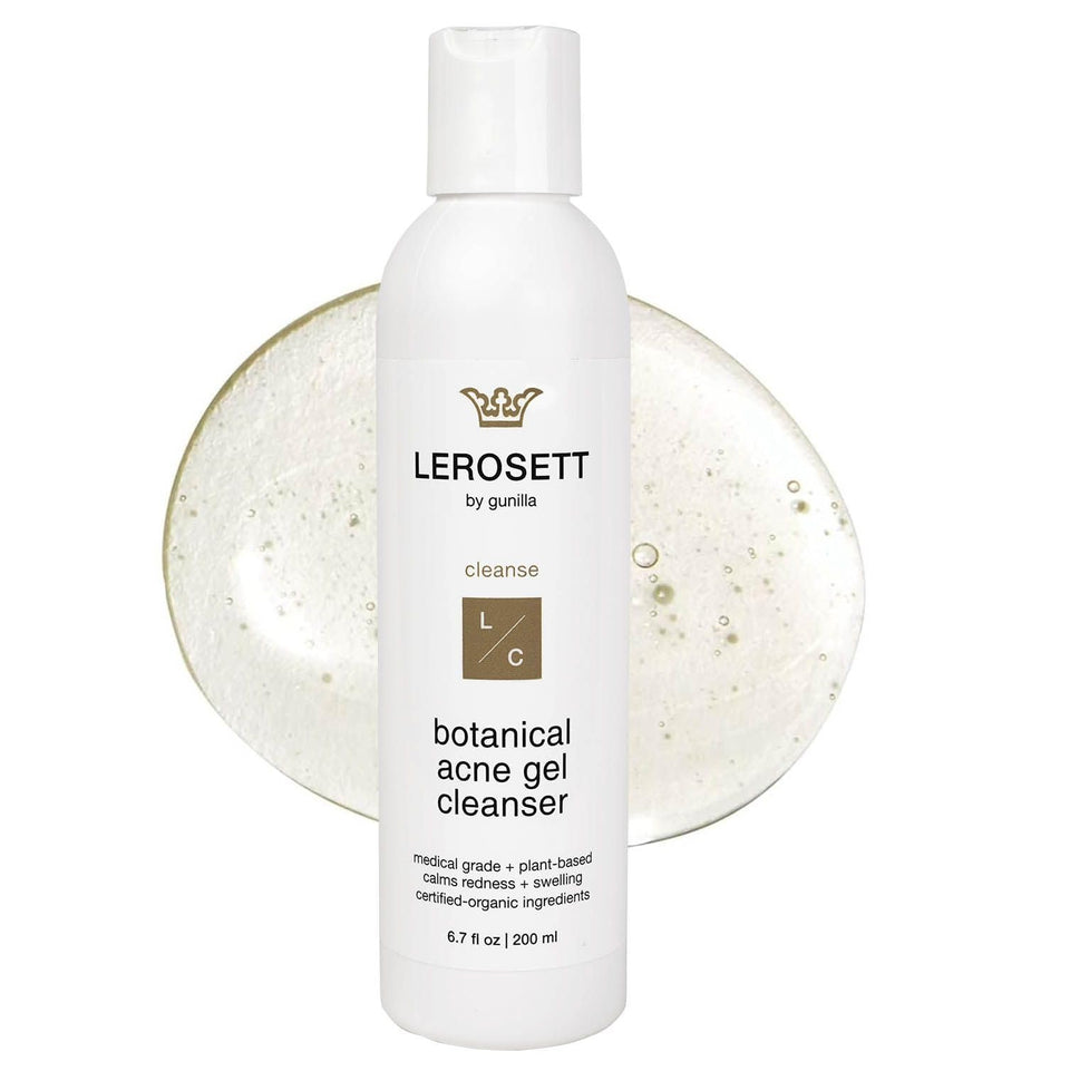 Gunilla of Sweden LEROSETT cleanser bottle front shows premium plant-based acne care.