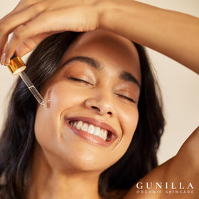 Gunilla serum glow closeup reveals radiant, firming results from botanicals.