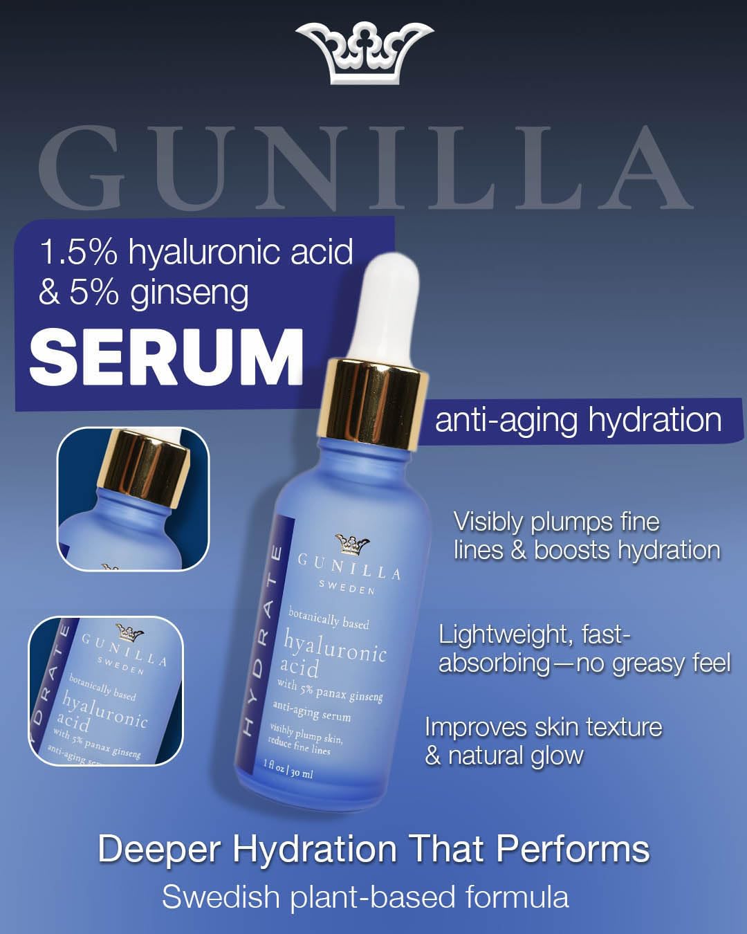 Gunilla hyaluronic serum texture swirl highlights lightweight, non-greasy feel.