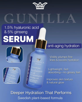 Gunilla hyaluronic serum texture swirl highlights lightweight, non-greasy feel.