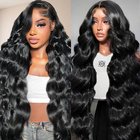 Gurdan 32-inch body wave lace front wig showing natural movement and fullness