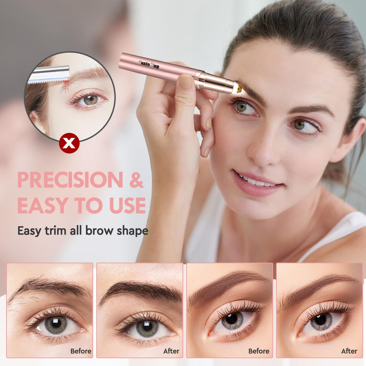 Gurelax anti-allergic plated head ensures gentle brow grooming on sensitive skin.