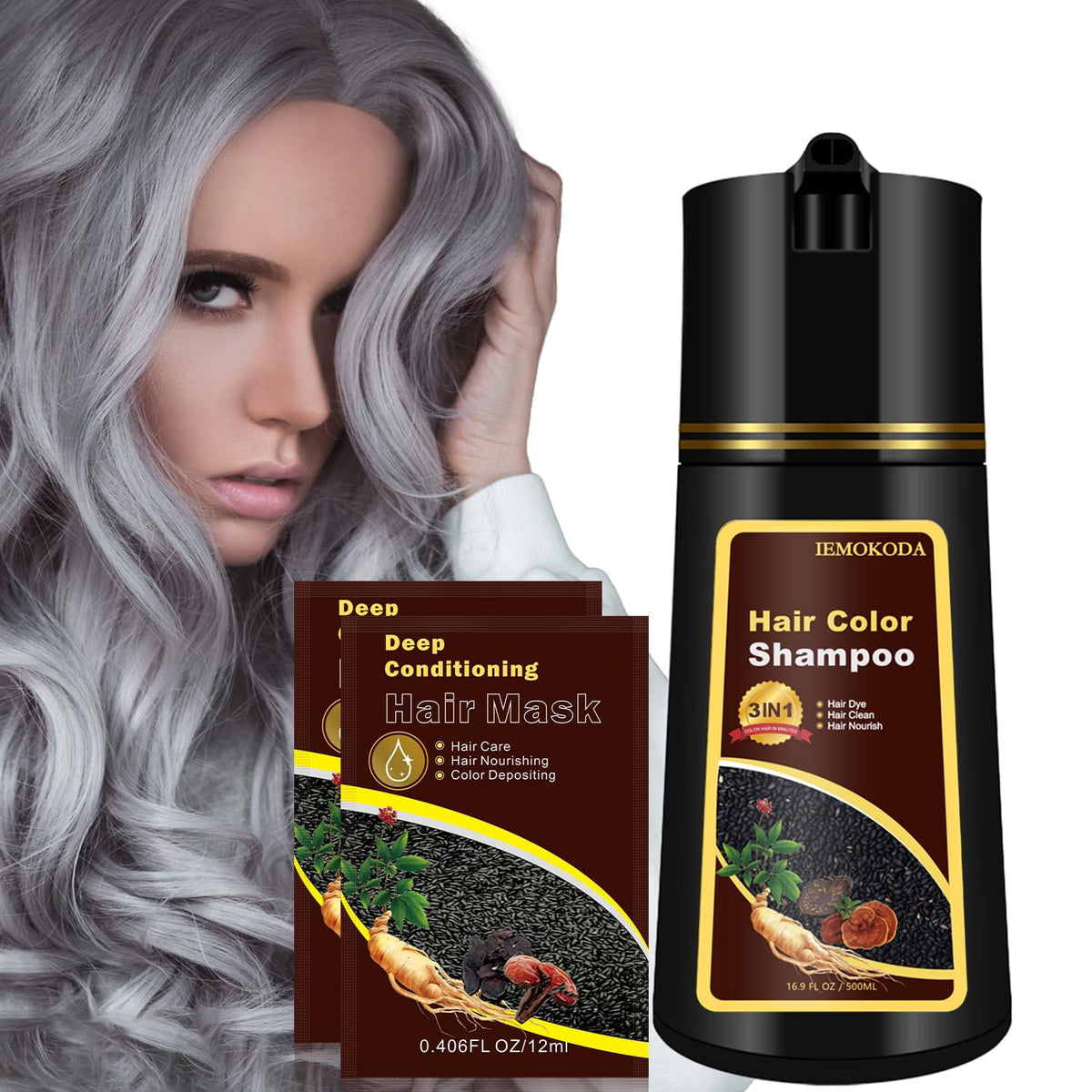 GURKOOYD Silver Hair Dye Shampoo bottle showing quick color refresh.