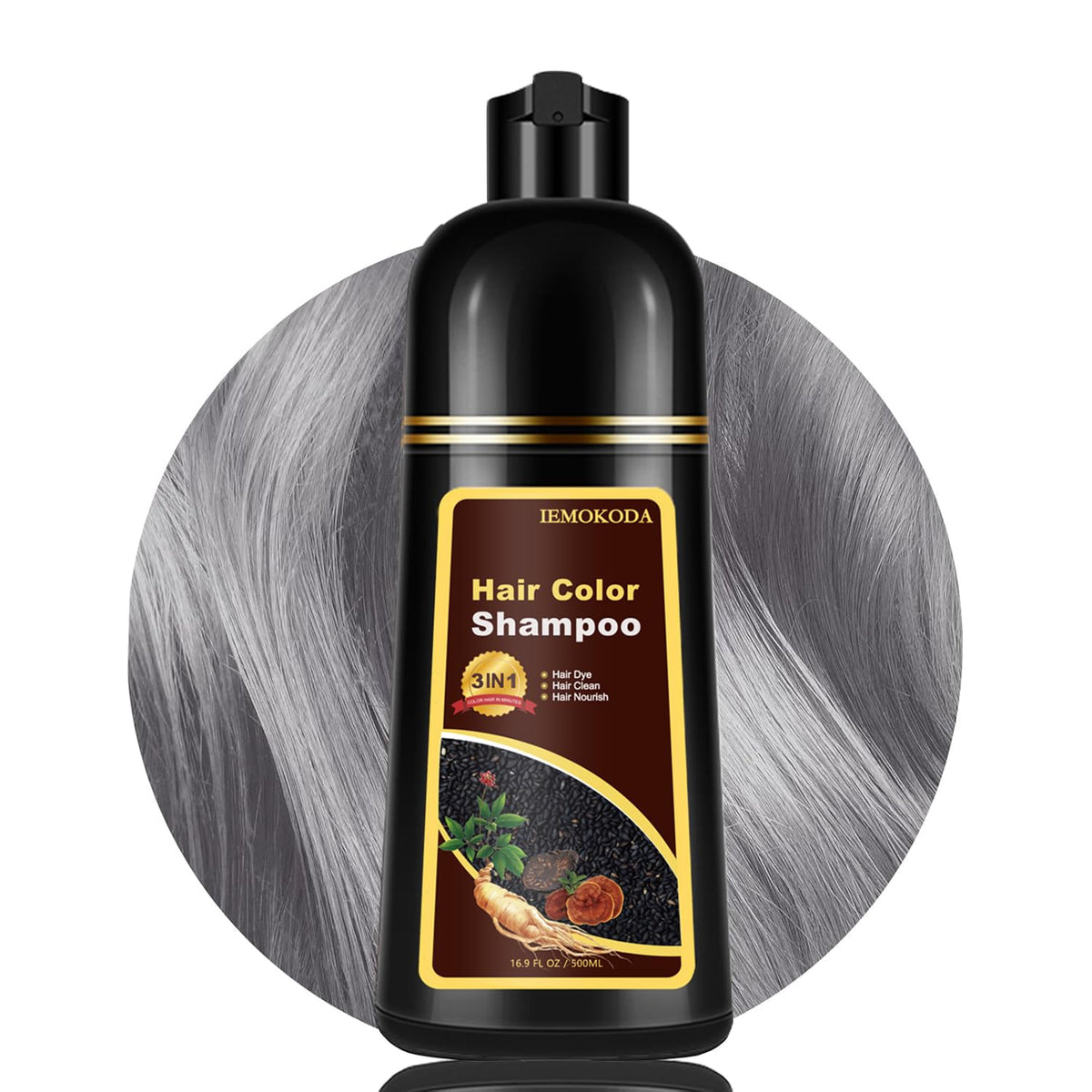 Gurkooyd Silver Gray Hair Dye Shampoo bottle showing instant color in minutes