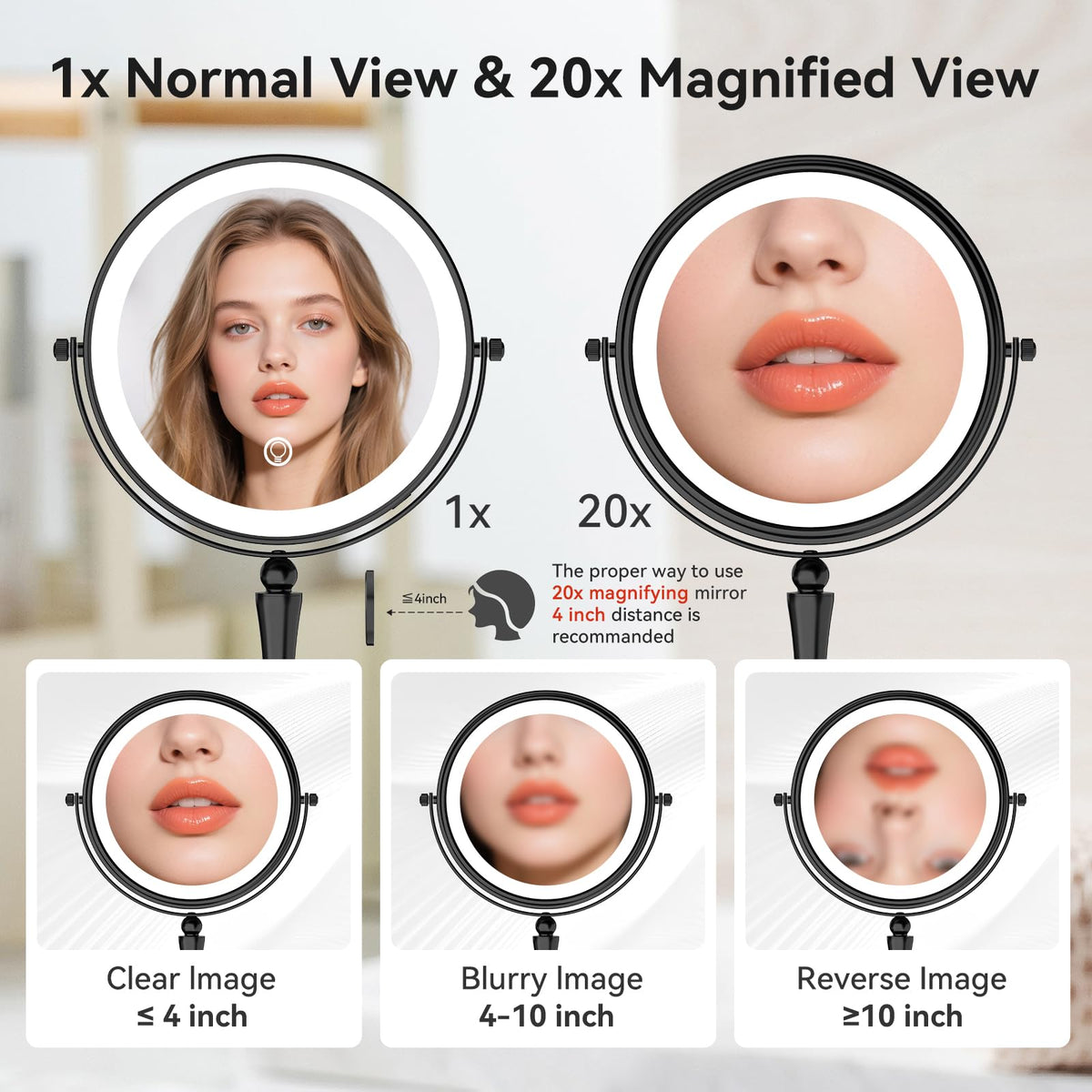 GURUN dual-sided lighted mirror for true image and magnified detail