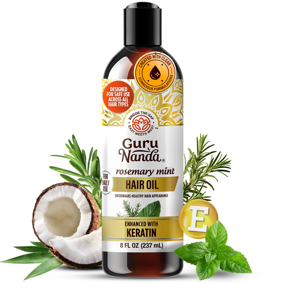 GuruNanda Rosemary Mint Hair Growth Oil bottle nourishes scalp for healthier strands