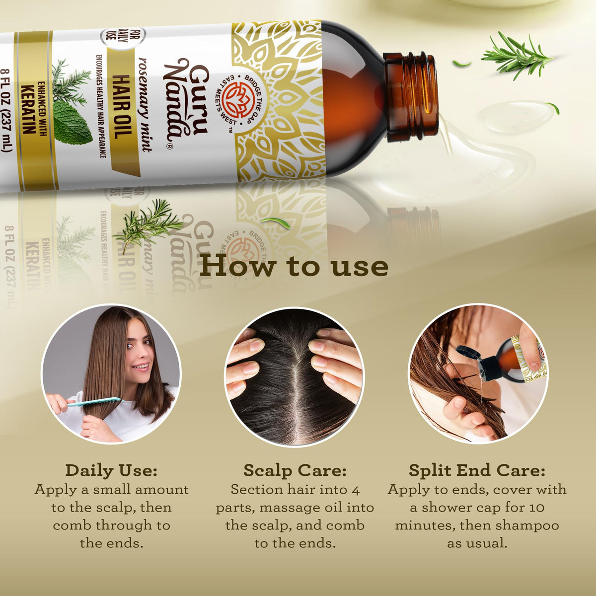 GuruNanda Rosemary Mint Oil bottle with ingredient highlights for scalp care