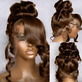 Gusif 32-inch chocolate brown human hair wig with lace front for natural parting.