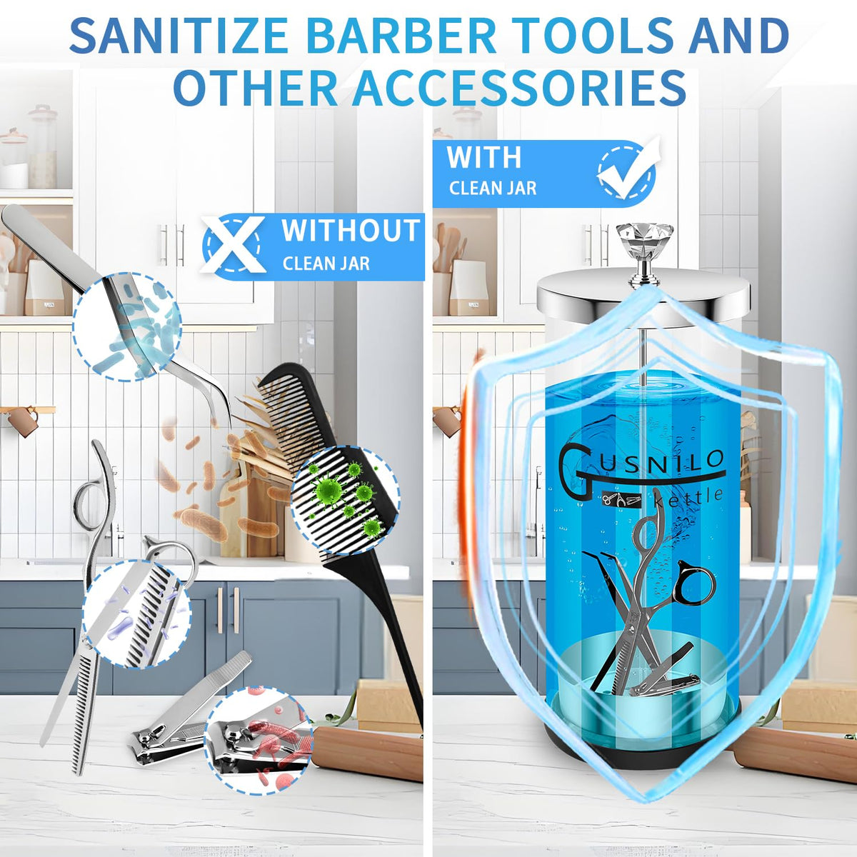 Gusnilo cleaning jar promotes safer, cleaner salon tool routines.
