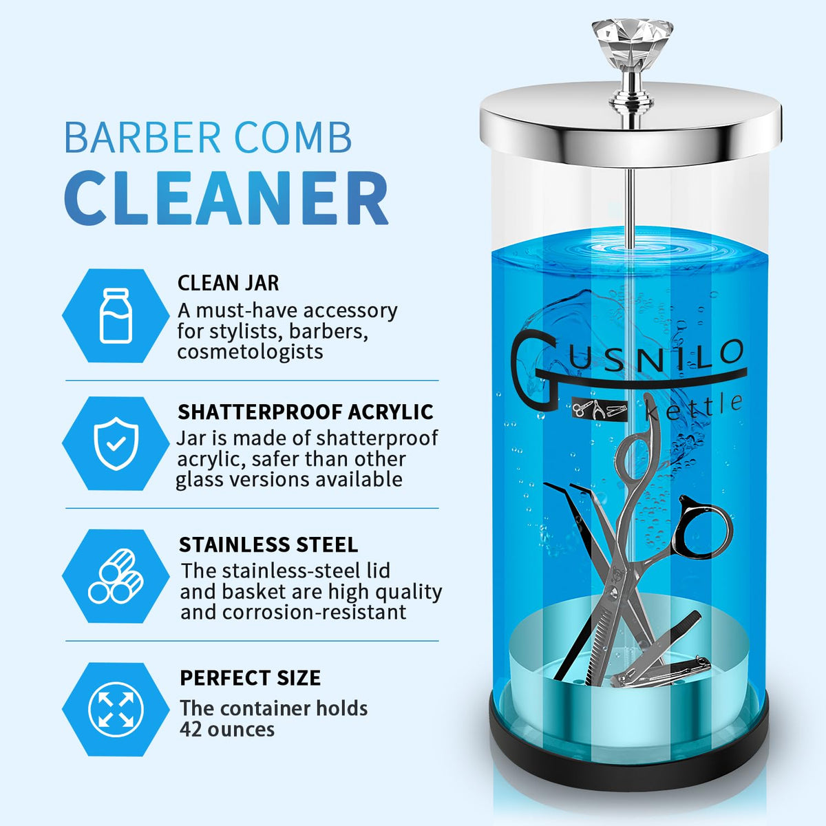 Gusnilo hairdressing tools bin enables safe soaking and easy tool handling.