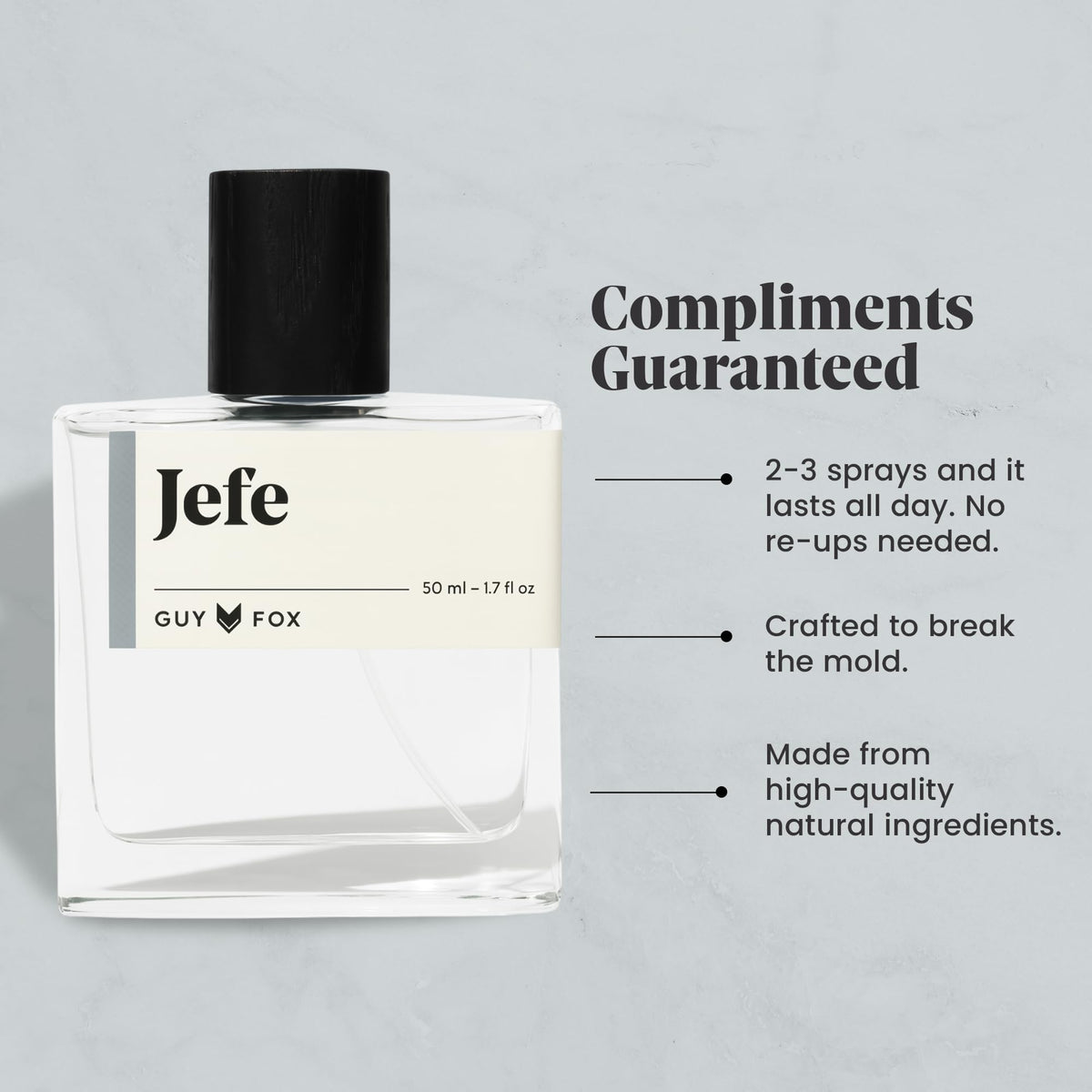 GUY FOX Jefe brand logo closeup signals luxury and trusted fragrance quality.