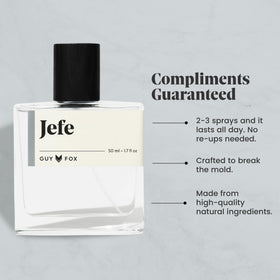 GUY FOX Jefe brand logo closeup signals luxury and trusted fragrance quality.