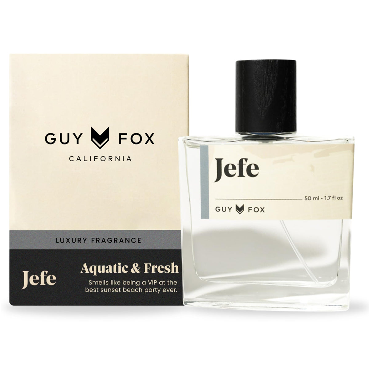 GUY FOX Jefe mandarin orange bottle shows fresh citrus and sea notes for daily wear.