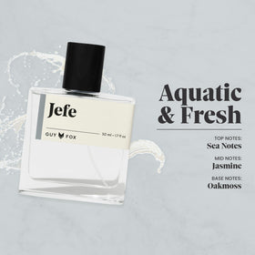 GUY FOX Jefe sea notes essence highlights a clean, breezy scent for summer evenings.