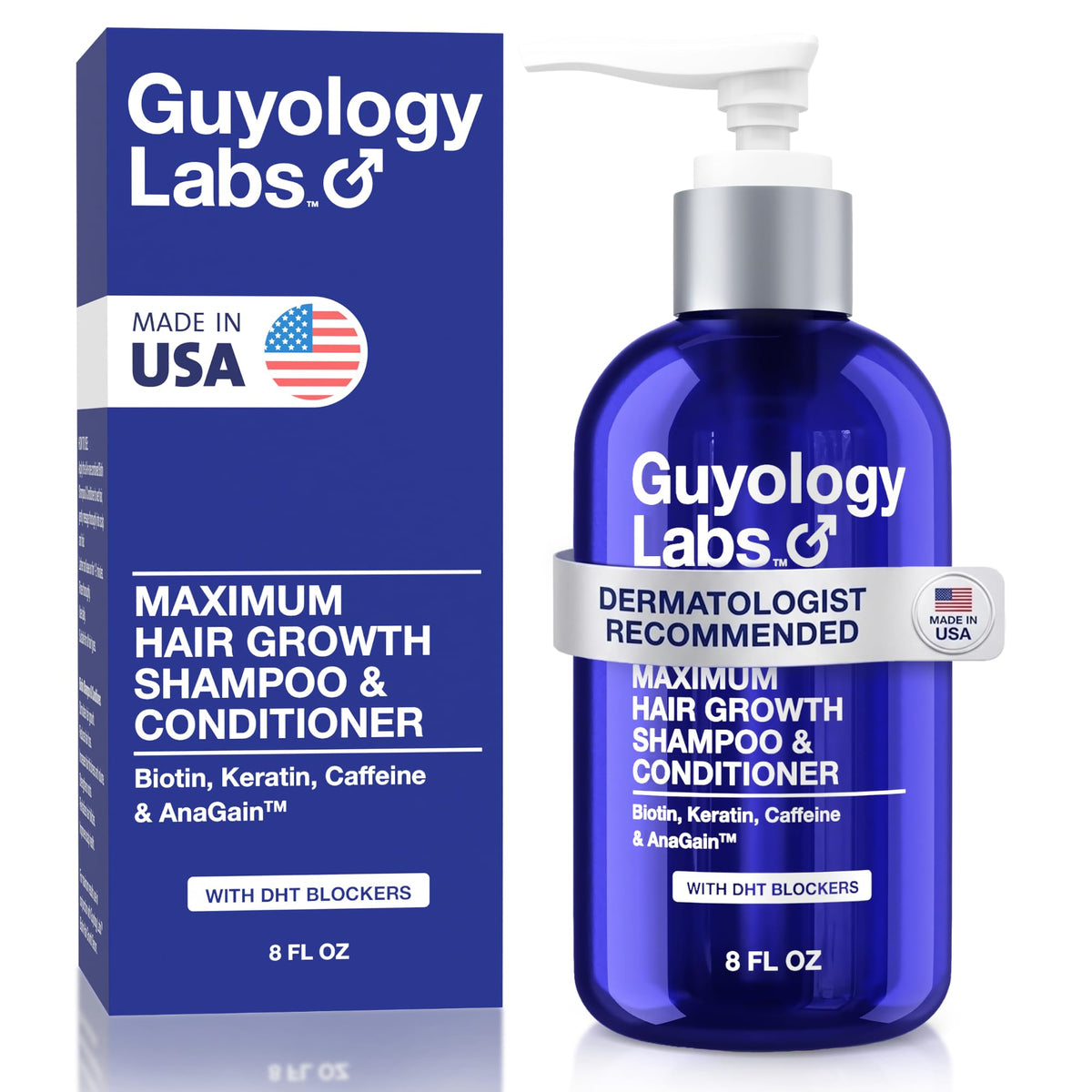 Guyology Labs Hair Growth Shampoo bottle shows DHT blockers for regrowth.