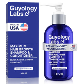 Guyology Labs Hair Growth Shampoo bottle shows DHT blockers for regrowth.