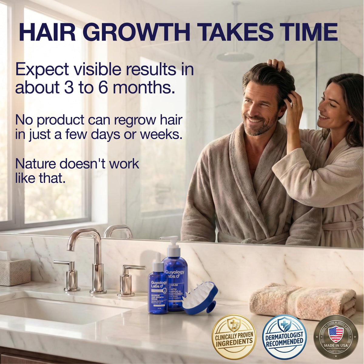 Guyology Labs routine setup with shampoo and conditioner for daily regrowth.