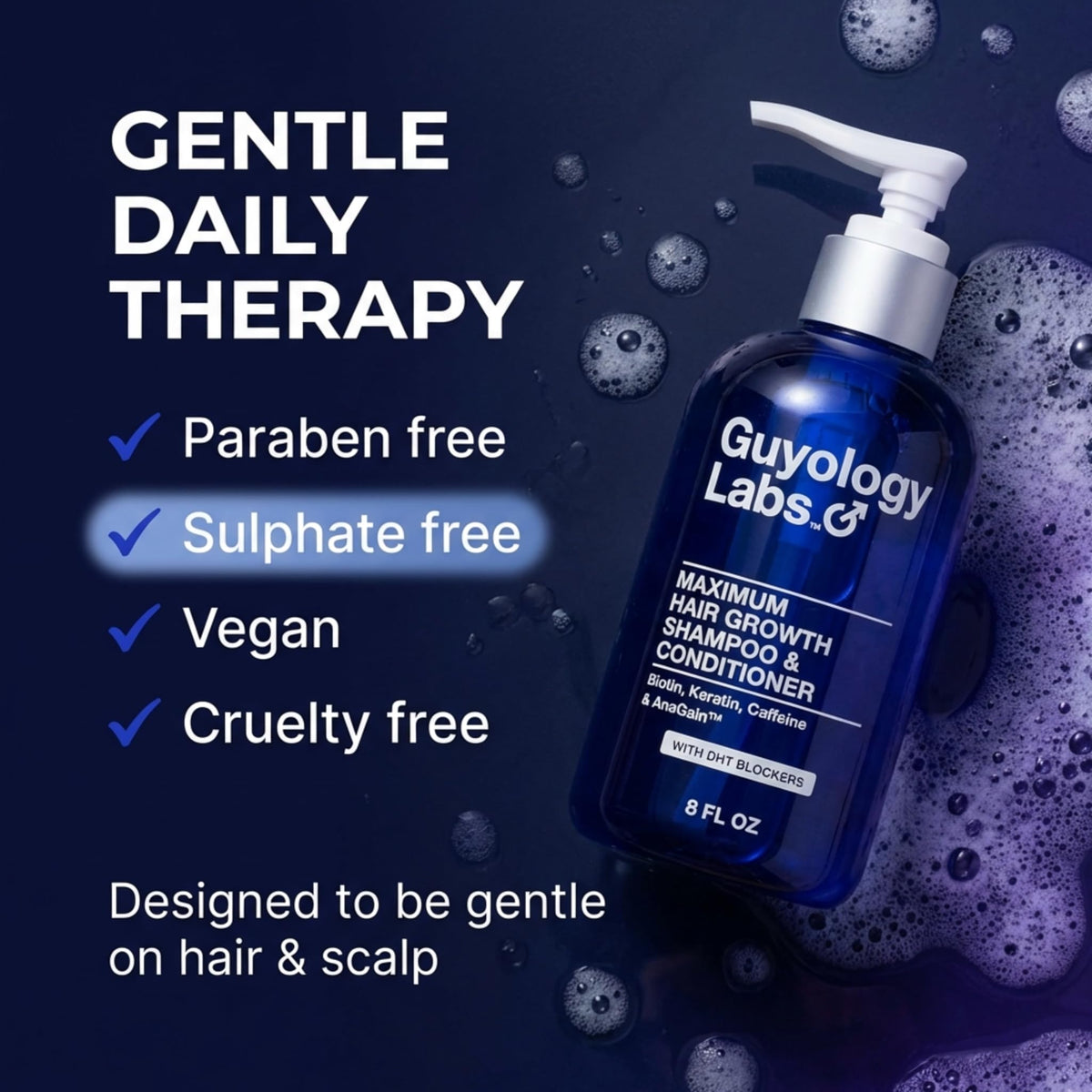 Guyology Labs Shampoo in use demonstrating rich lather with AnaGain.