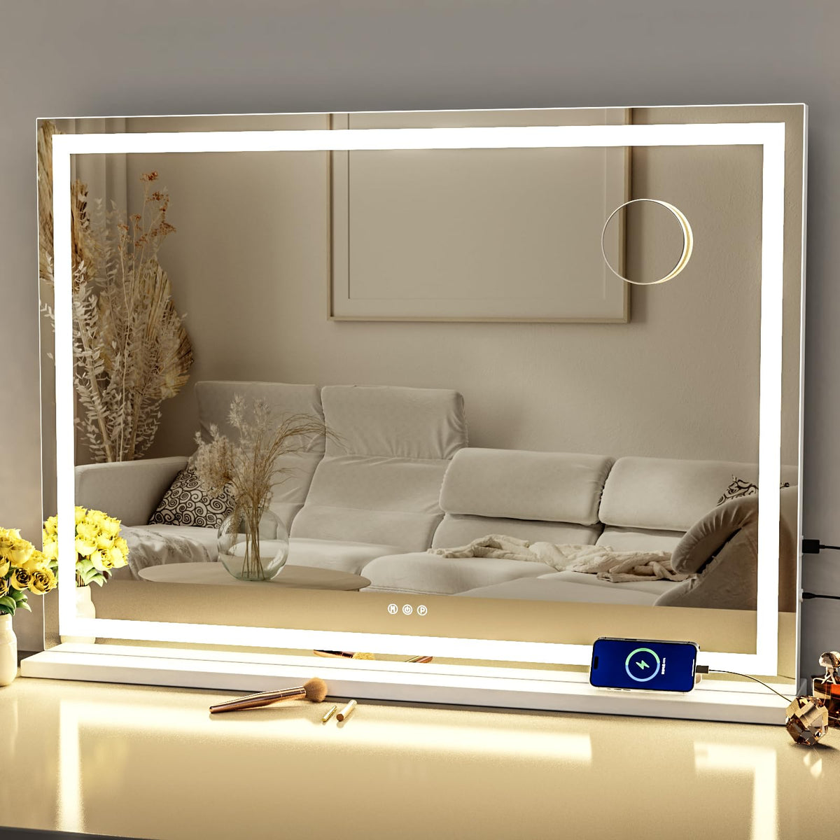 Gvnkvn makeup mirror front view with LED lighting for precise makeup application.