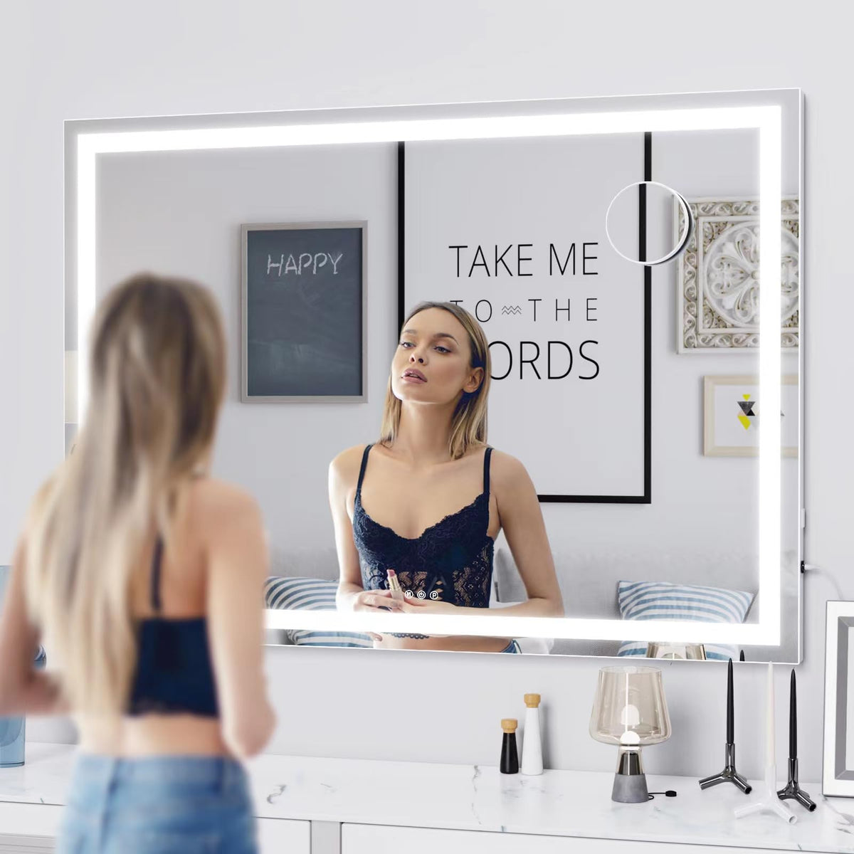 Gvnkvn mirror with USB port charging for devices during routines.