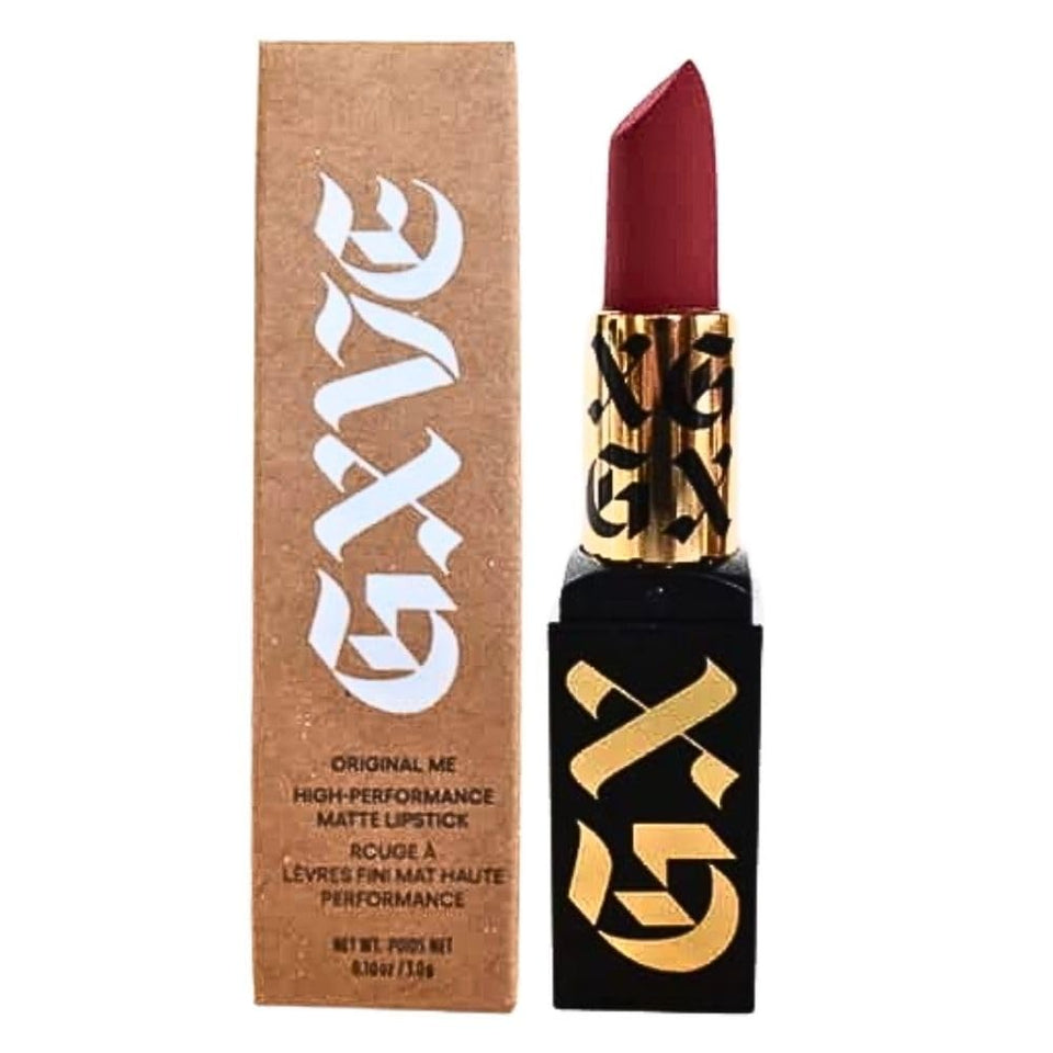 GXVE Original Me lipstick tube closeup showcasing rich color payoff for bold looks.