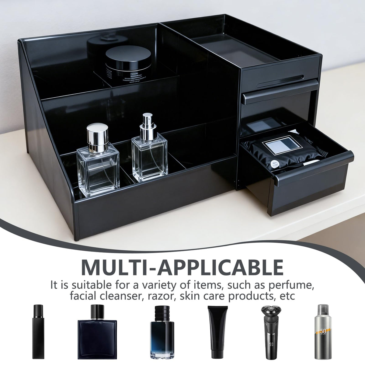 GXXWWSN Cologne Organizer top view with seven compartments visible.