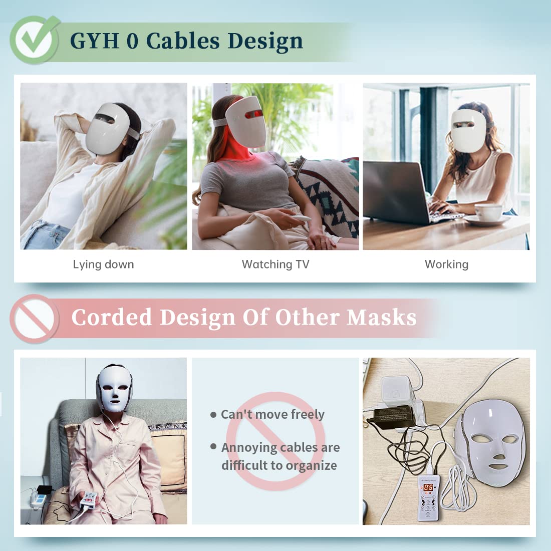 GYH 8-Color LED Face Mask wireless operation enables hands-free use.