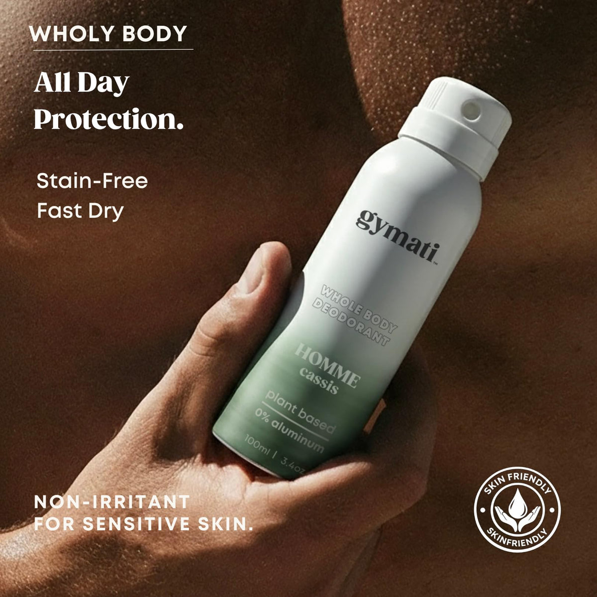 Gymati natural deodorant spray application captures fast-dry, odor-control moment.
