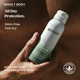 Gymati natural deodorant spray application captures fast-dry, odor-control moment.