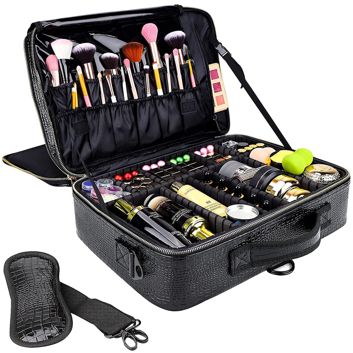 gzcz large capacity travel makeup case with spacious interior for brushes and palettes.