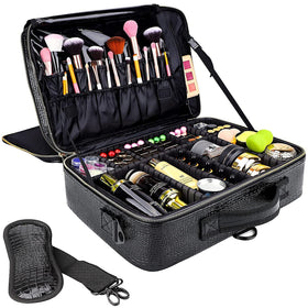gzcz large capacity travel makeup case with spacious interior for brushes and palettes.