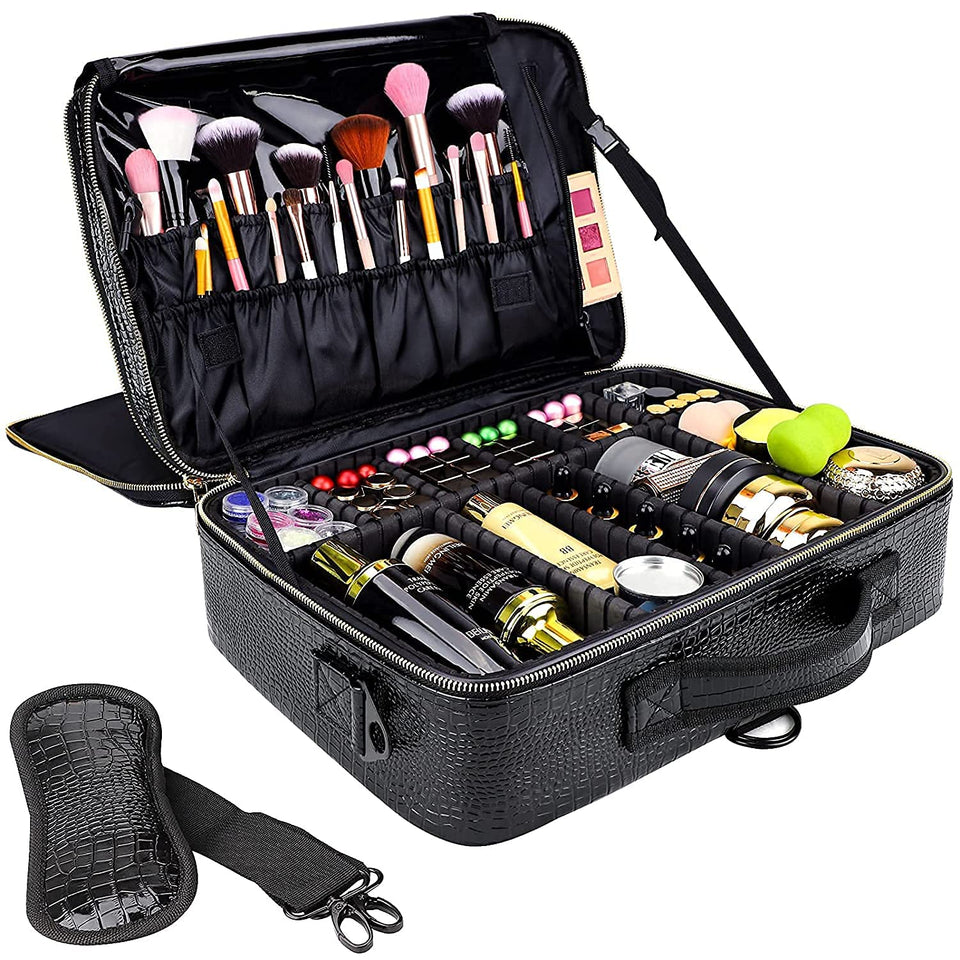 gzcz large capacity travel makeup case with spacious interior for brushes and palettes.