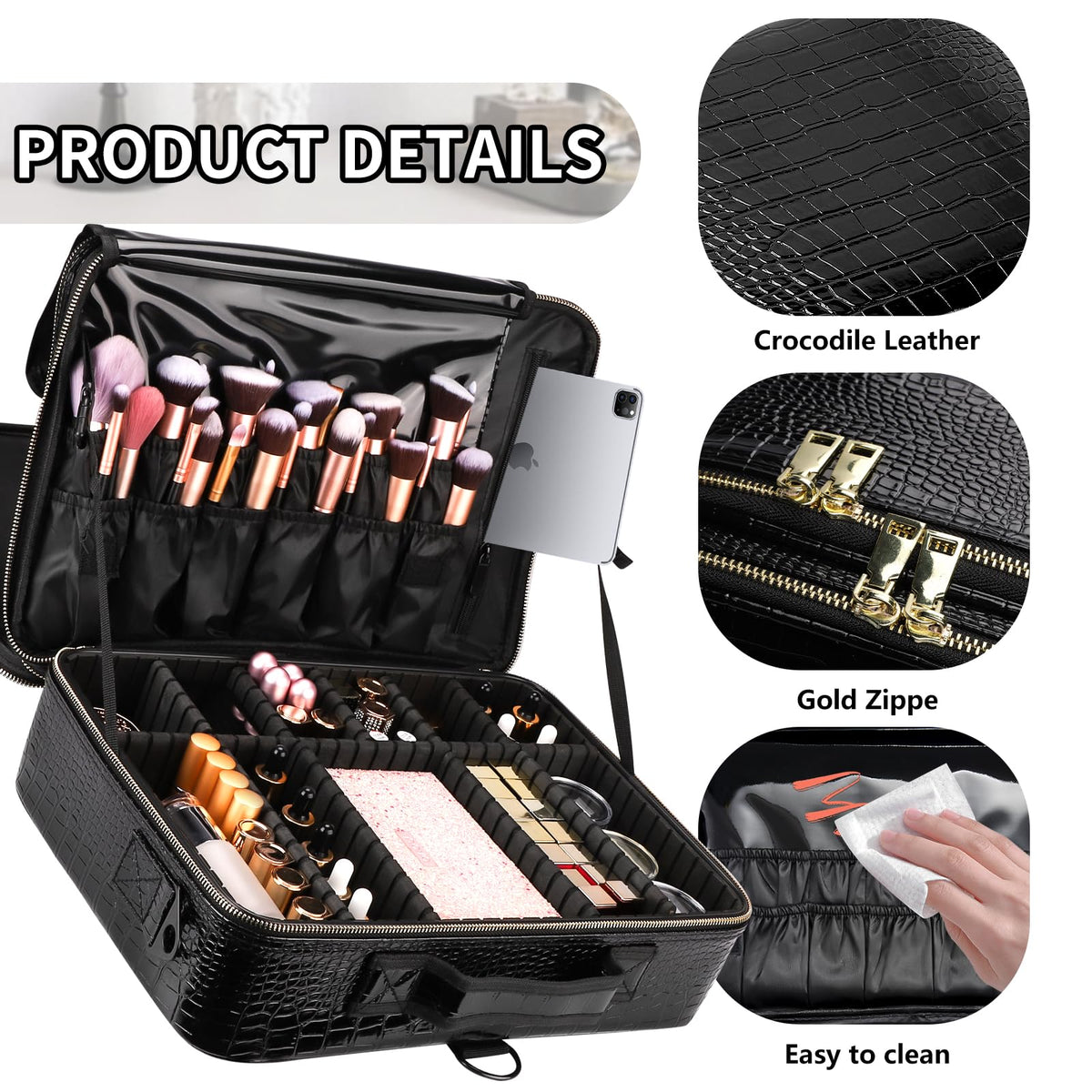 gzcz shoulder strap on the makeup case for comfortable transport.