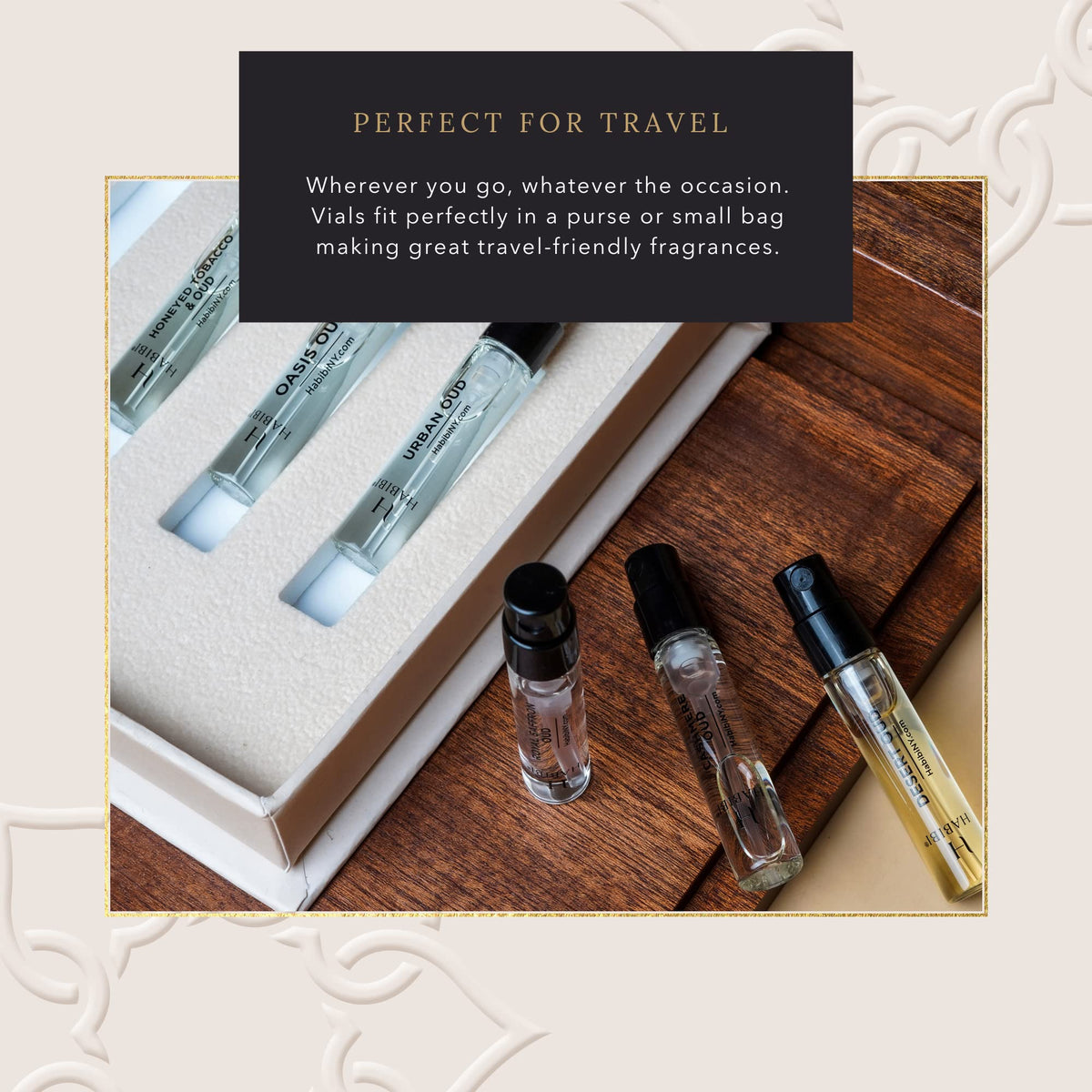 H Habibi Oud Discovery Cashmere Oud vial exudes soft luxury.