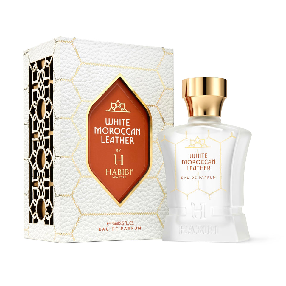 H HABIBI White Moroccan Leather bottle close-up, premium masculine fragrance.