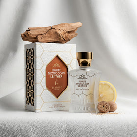 H HABIBI White Moroccan Leather cap on sleek bottle.