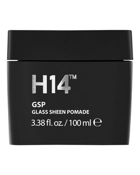 H14 Glass Sheen Pomade bottle showing a glossy finish for all-day shine