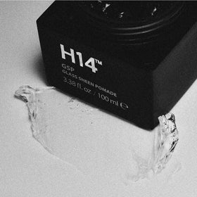 H14 Glass Sheen Pomade hair slick-back style in mirror-ready look