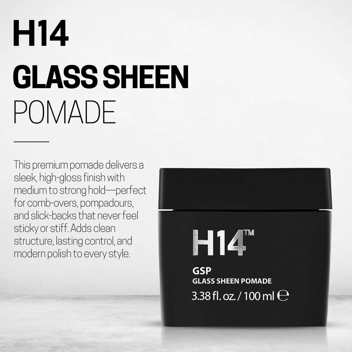 H14 Glass Sheen Pomade texture paste container highlighting lightweight, non-greasy formula