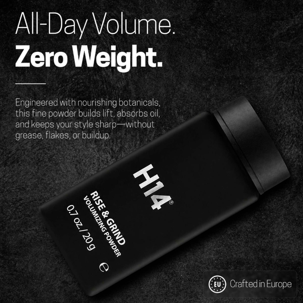 H14 Rise and Grind powder on hair delivering a natural matte finish texture