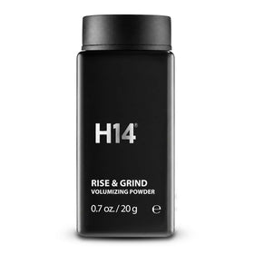 H14 Rise and Grind hair powder packaging with compact travel bottle for on-the-go styling