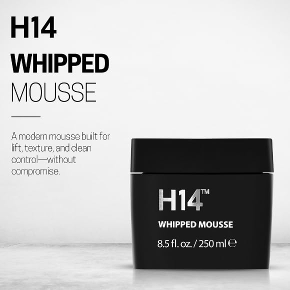 H14 Whipped Mousse foam texture close-up shows light, airy hold without crunch.