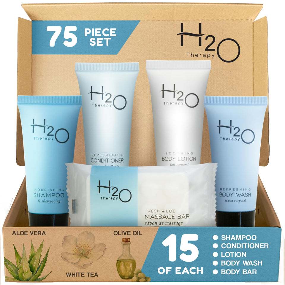 H2O Therapy bulk hotel toiletries packaging for guest rooms
