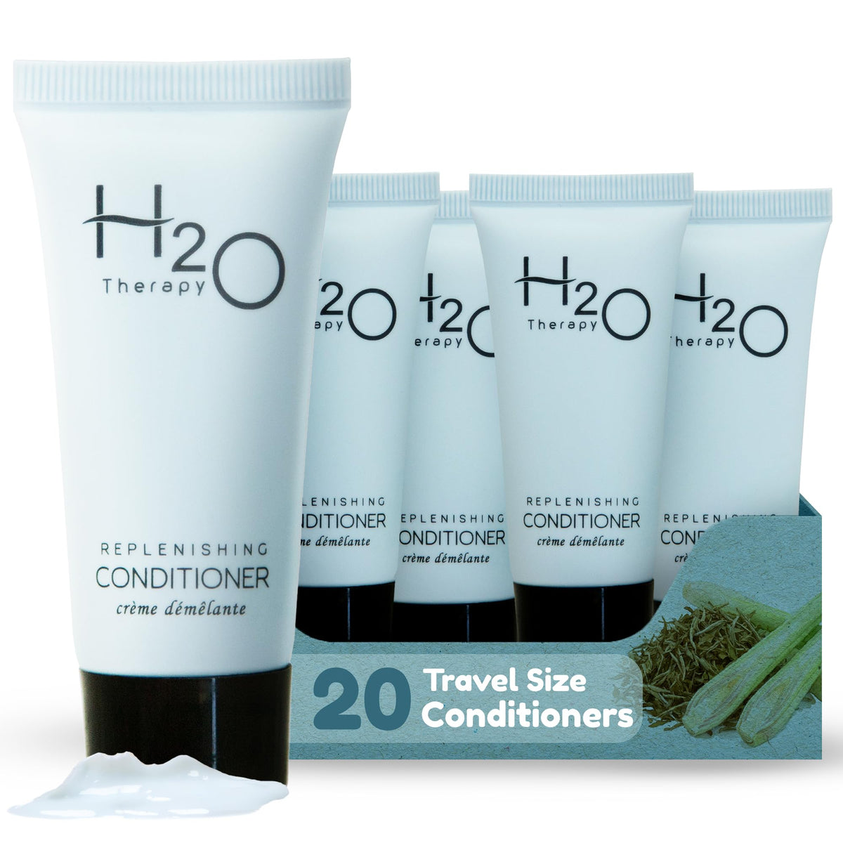 H2O Therapy travel-size conditioner bottles on a hotel shelf offering compact, guest-ready amenities.