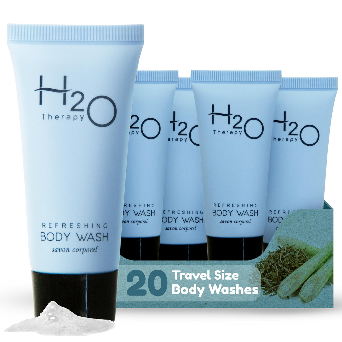 H2O Therapy travel-size body wash bottles for hotel guest amenities