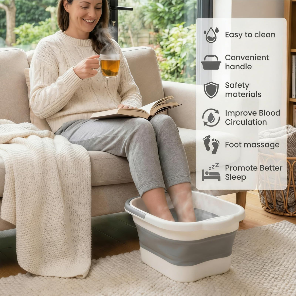 Hacaroa foldable foot tub stores neatly under a bed or sofa.
