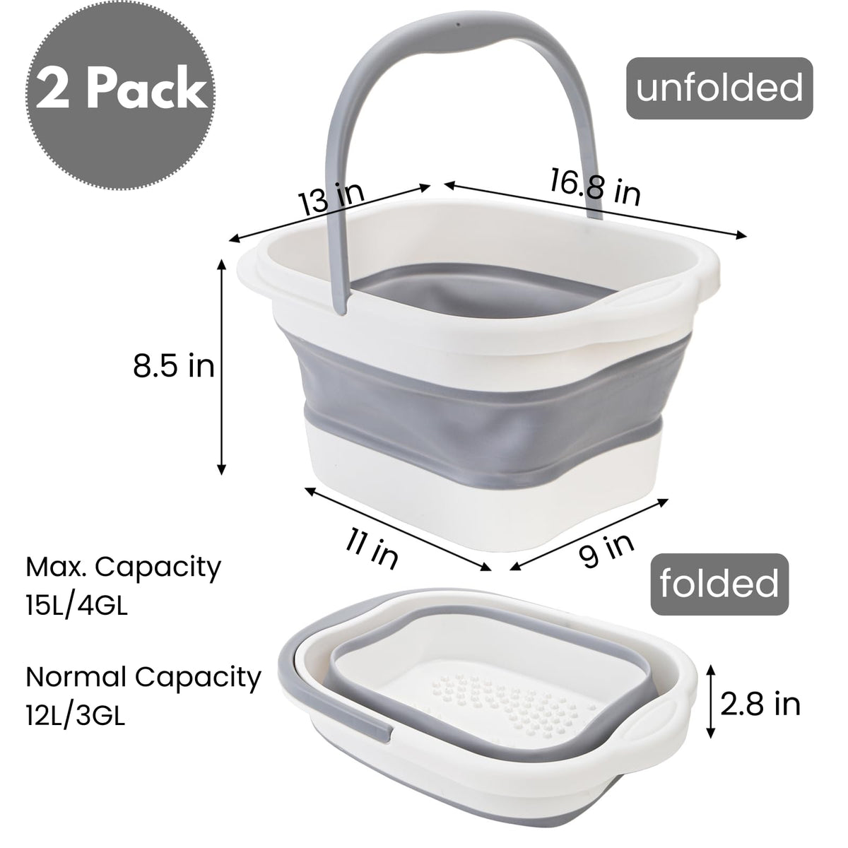 Hacaroa foot bath tub interior length 10.5 inches supports larger foot sizes.