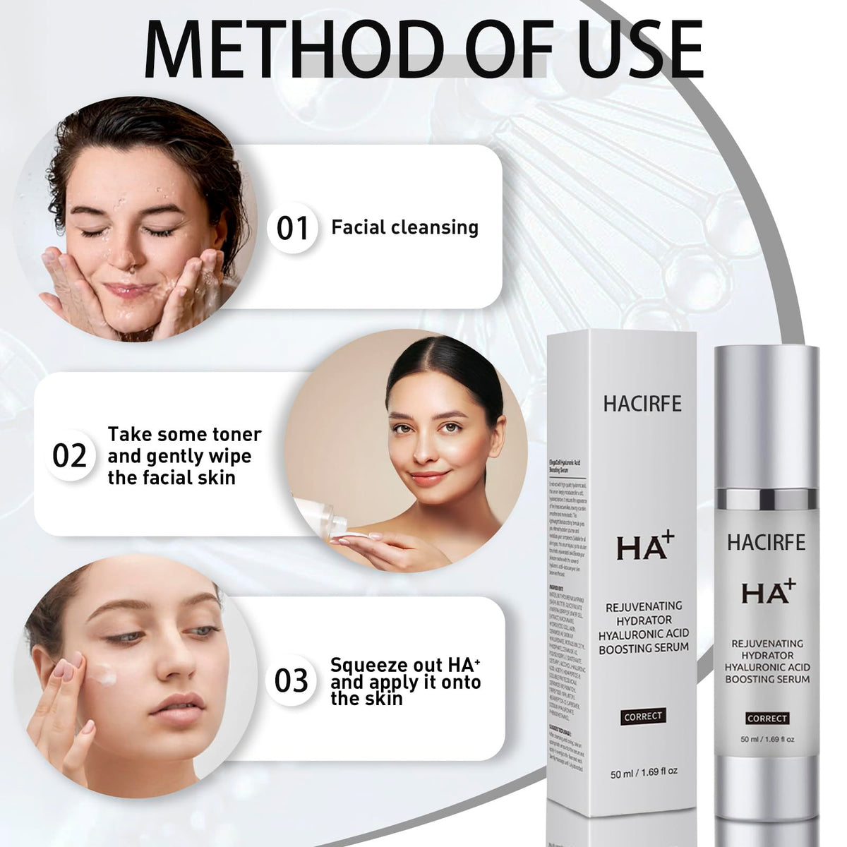 HACIRFE HA Rejuvenating Hydrator fragrance-free tag signals gentle formula.