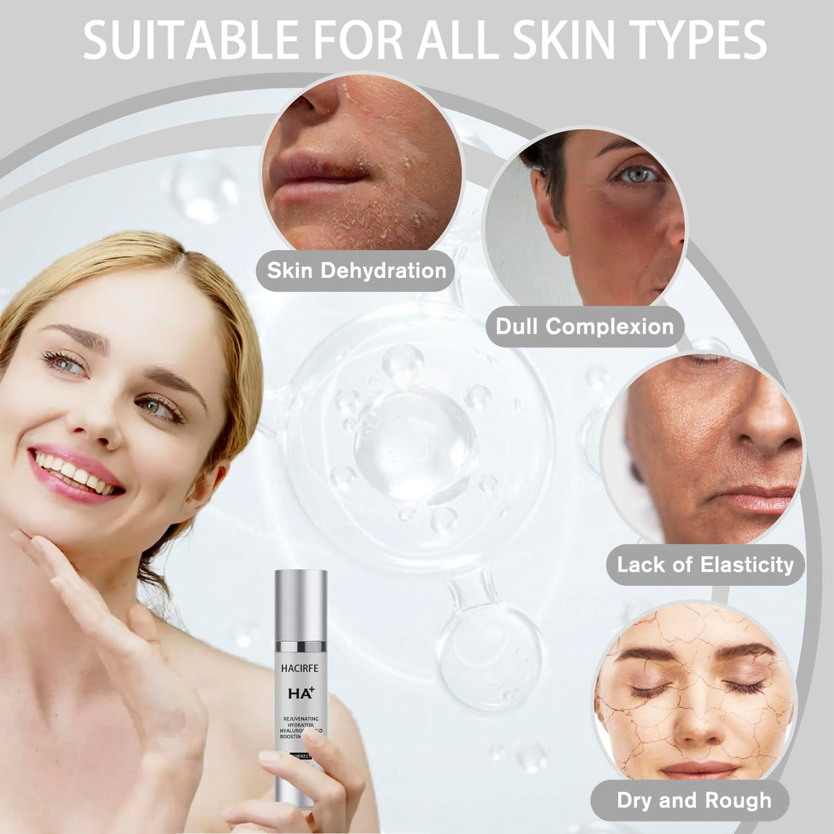 HACIRFE HA Rejuvenating Hydrator niacinamide peptides promote smoother, resilient skin.